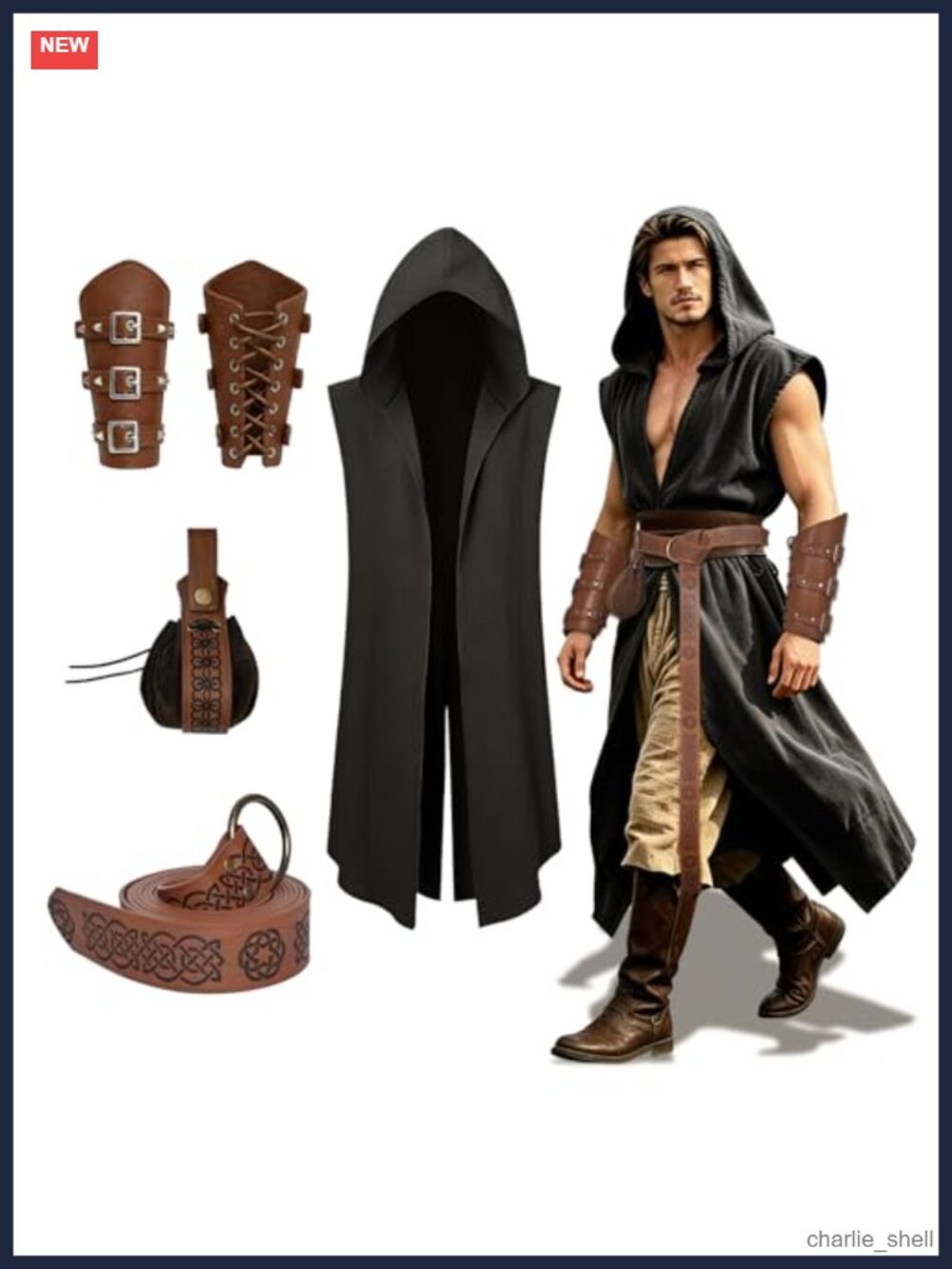 4-Piece Medieval Viking Hooded Cape Set with Arm Guards Belt Bag